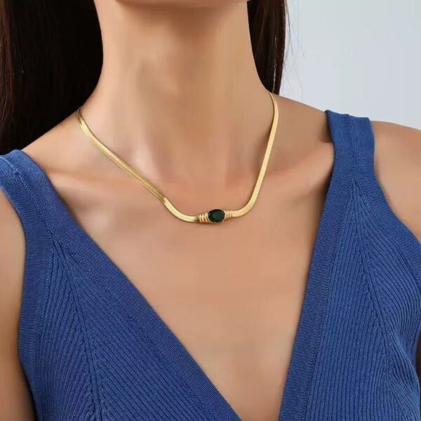 Tarnish-Resistant Light Luxury Emerald Oval Diamond Titanium Steel Necklace – Niche, High-End Vibe, Snake Bone Chain, Internet-Famous & Versatile