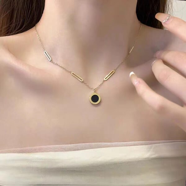 Titanium Steel Necklace with Brooch & Roman Numerals: New Style Black-White Sweater Chain, Minimalist Light Luxury High-End 18K Collarbone Chain