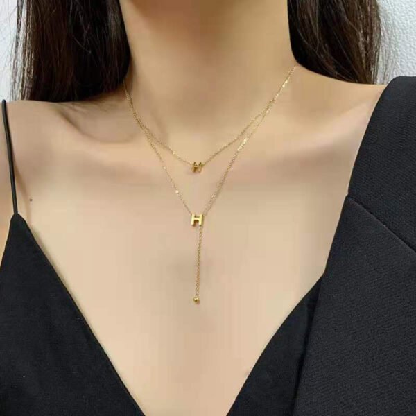Titanium Steel Letter H Necklace - Light Luxury, Niche Style, Double-Layer Collarbone Chain with Double H Tassels, Versatile Neck Chain Accessory, Direct Wholesale from Manufacturer