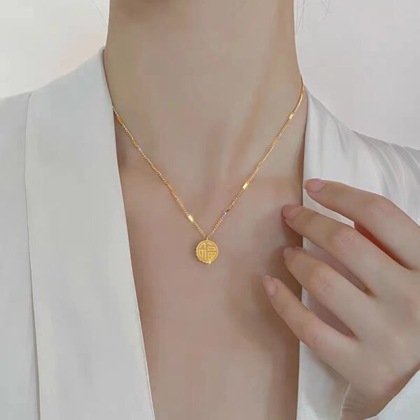 New Versatile 3D Double-Sided "Fu & Xi" Sparkling Zircon Collarbone Chain Pendant