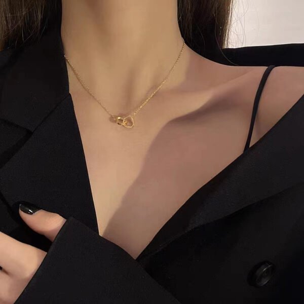 Titanium Steel Interlocking Double-Ring Necklace for Women: Versatile Heart Double-Ring Collarbone Chain, 2022 New Style - Direct from Manufacturer