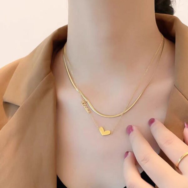 Women's Double-Layer LOVE Letter & Heart Layered Necklace - 18K Gold-Plated Collarbone Chain Pendant Accessory
